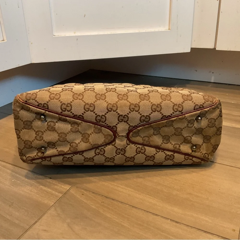 Gucci Vintage GG Monogram Canvas Brown Leather Tote Bag Shoulder Purse 2123 - Picture 6 of 8